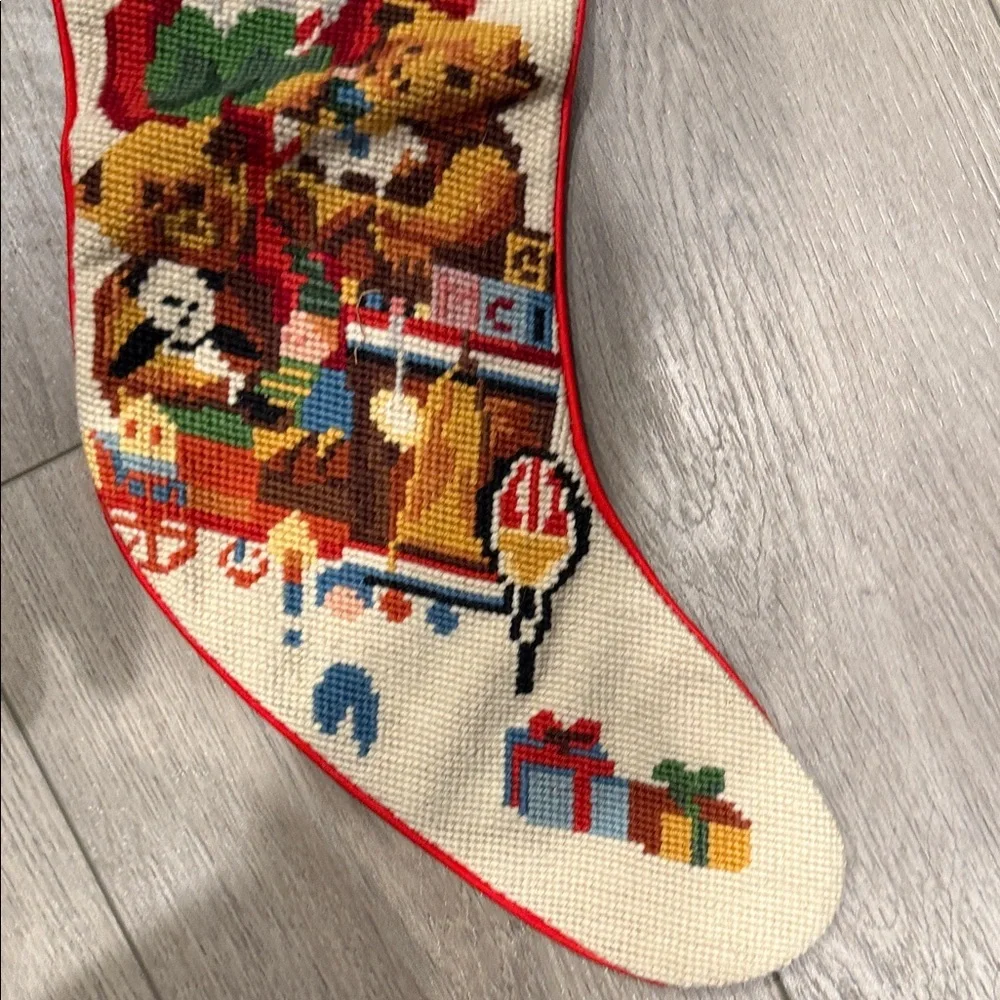 Vintage Noel Hand Cross Stitched Stocking with Santa and Gifts